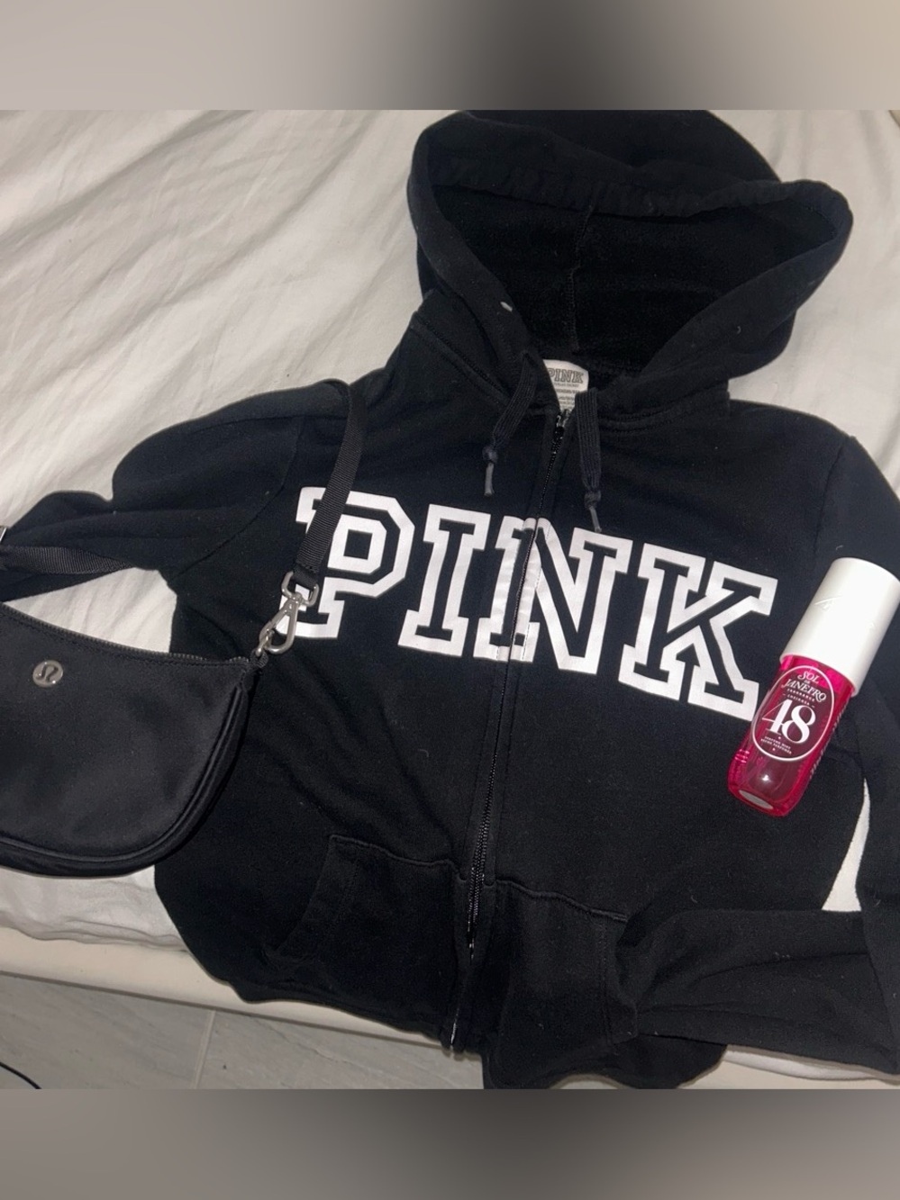 PINK Victoria's Secret Black Zip Hoodie with White Logo